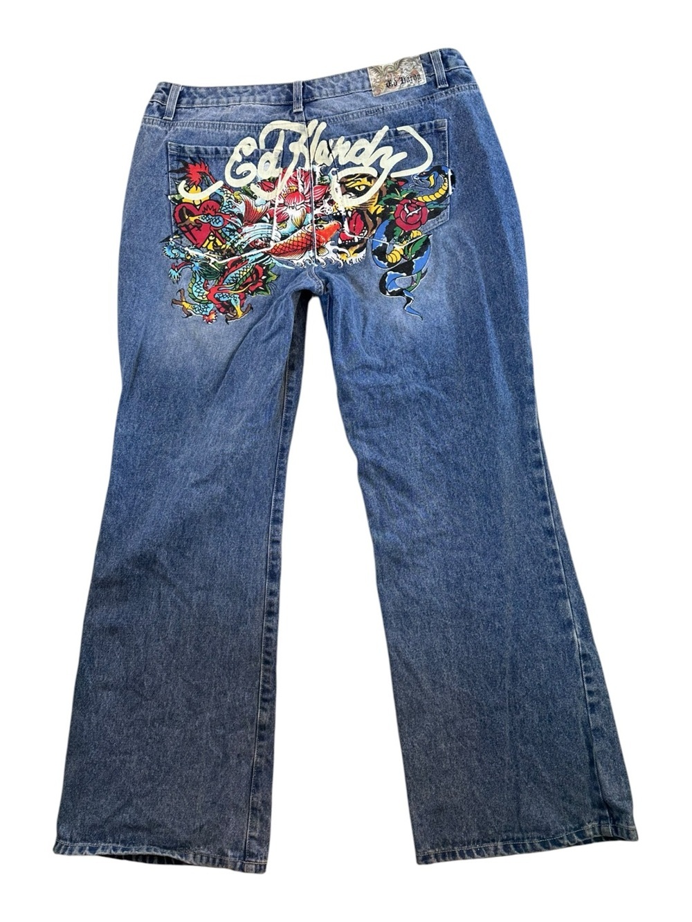 Ed Hardy Jeans Y2k Baggy Straight Leg Dragon Tiger Koi Fish Denim Size 32